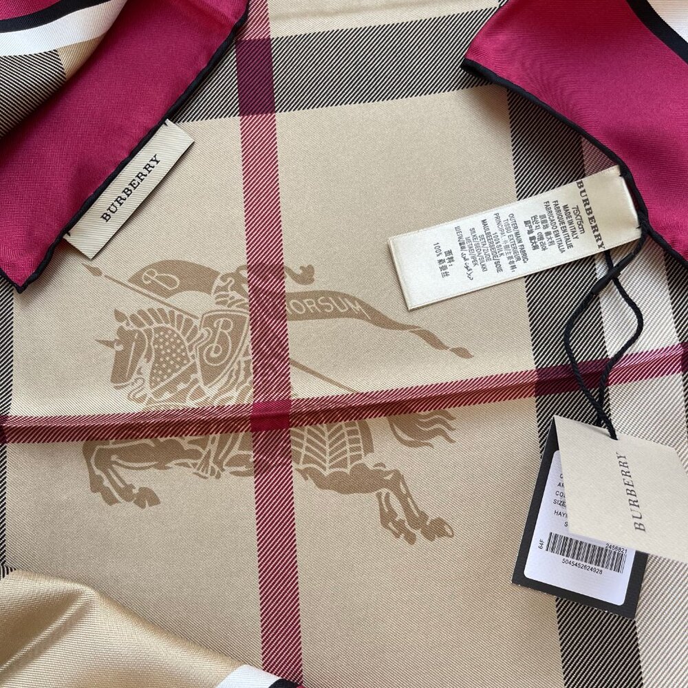 NWT Unisex Burberry Scarf Beige Check Burgundy Red Border Silk Wrap - Picture 9 of 13